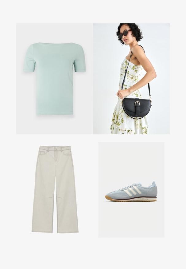 Mintgrøn kortærmet t-shirt med rund halsudskæringer, lavet af glat stof. Har en almindelig pasform og et enkelt, rent design uden udsmykninger.; Lysegrå bredbenede bukser med fem lommer, frontknaplukning og kontrastsyninger langs sømmen. Stoffet ser blødt og slidstærkt ud.; Lyseblå ruskinds sneaker med hvide tre striber, gummisål og tekstureret mesh. Har en glat tåhætte og branding på hælen.; Sort læderhåndtaske med en buet form, aftagelig rem og guldfinish. Tasken har en klap med en spænde detalje.