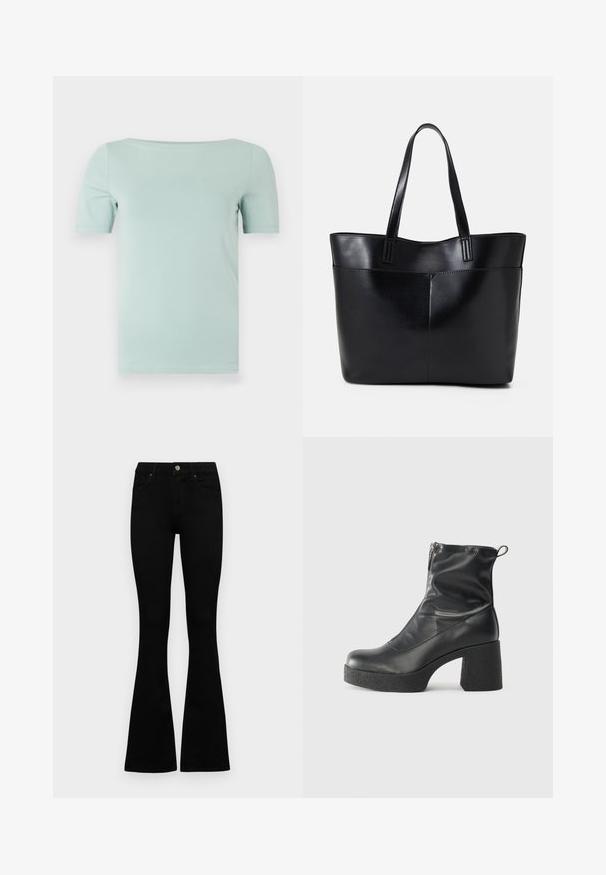 Piparmētru zaļa īsām piedurknēm T-krekls arapaļa kakla izgriezumu, izgatavots no gludas auduma. Iedarbina regulāra piegriezuma un vienkāršu, tīru dizainu bez rotājumiem.; Melni augsta jostas šorti ar pogu un rāvējslēdzēju, priekšējām kabatām un izplestām kājām, nolikti uz balta fona.; Melni potītes zābaki, kas izgatavoti no gludas ādas, ar sānu rāvējslēdzēju, masīvu strukturētu papēdi un noapaļotu purngalu.; Melnas ādas iepirkumu soma ar divām garām rokturām, gludu tekstūru un strukturētu formu. Iekļauj priekšējo kabatu papildu uzglabāšanai.