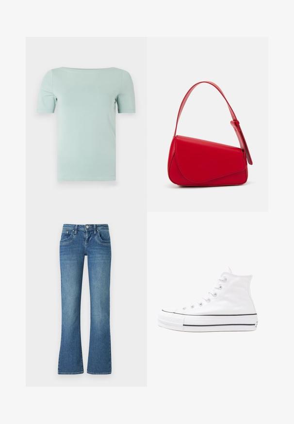 Mėtų žalios spalvos trumpaami t-shirts su apykakle, pagaminta iš lygios medžiagos. Turi standartinį variantą ir paprastą, švarų dizainą be papuošimų.; Šviesiai mėlynos džinsinės kelnės su plačiais džinsais, turinčios penkias kišenes, kontrastingą siuvinėjimą ir sagčių užsegimą juosmens srityje.; Balti aukštakulniai drobės sportbačiai su juodu guminio pado, priekinio guminio piršto dangteliu ir šešiais akytėmis raištams, pasižymintys švariu, minimalistiniu dizainu.; Raudona odinė rankinė su kampuota, geometrine forma. Pasižymi viena reguliuojama dirželiu ir dangteliu su siuvinėtais dekoracijomis.