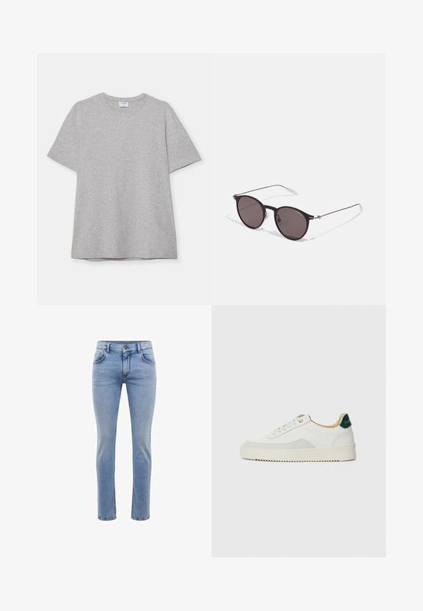 Grå t-shirt med kort ärm gjord av mjukt, texturerat tyg. Har en klassisk rund halsringning och en rak nederkant, lämplig för avslappnad klädsel.; Ljusblå denimjeans med slim fit, fem fickor och rak bendesign. Har dragkedja och bälteshällor. Mjuk textur.; Vit sneaker med mockadetaljer, rund tå, platta snören och en krämfärgad gummisula. Har grön branding på hälen.; Svarta runda solglasögon med mörka linser och smala metallarmar. Inkluderar klara tempeltips och silverdetaljer vid gångjärnet. Minimalistisk design.