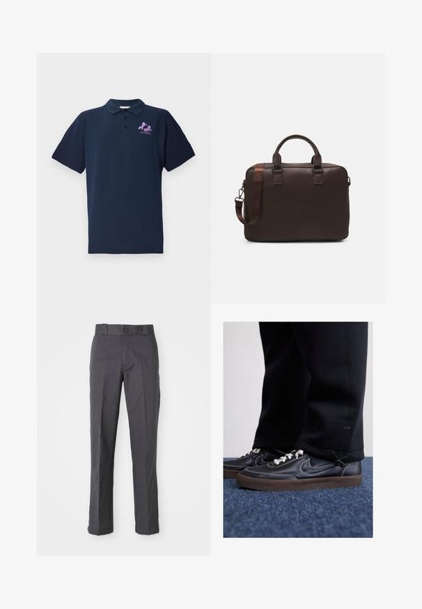 Granatowa koszulka polo wykonana z bawełny, z różowym haftowanym logo konia. Krótkie rękawy i klasyczny krój kołnierzyka.; Ciemnoszare spodnie wykonane z mieszanki bawełny, cechujące się prostym krojem nogawek, kieszeniami z przodu oraz zapięciem na guzik w talii.; Nike Sportswear KILLSHOT czarny; Brązowa skórzana torba na laptopa z teksturowaną powierzchnią, podwójnymi uchwytami na górze, regulowanym paskiem oraz dwoma przednimi klamrami dla dodatkowego stylu.