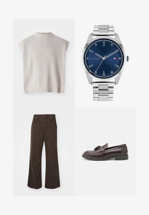 Light beige knitted sleeveless top with a ribbed hem and round neck. Features a textured pattern and a loose-fitting design.; Brown wide-leg trousers made of cotton, featuring a high waist, front pockets, and a smooth texture. Finishing includes subtle stitching details.; Brown leather loafers with a rounded toe, a decorative tassel, stitched detailing, and a low rubber heel for added comfort.; Silver metal watch with a brushed blue dial, white hour markers, and a date display. Features a linked metallic band and brand logo.