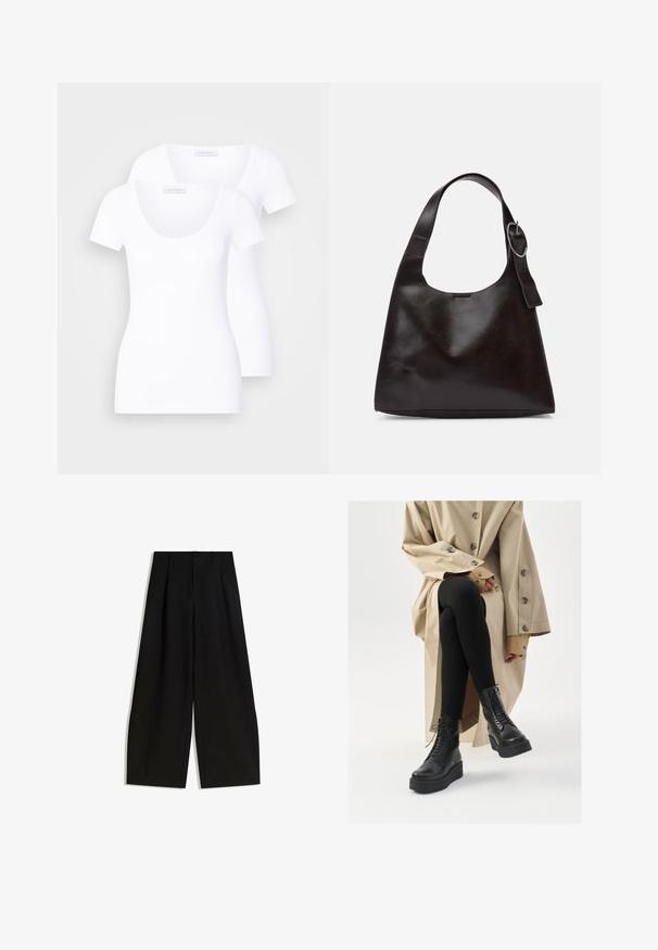 Dva bijela majice kratkih rukava s izrezom u obliku luka, izrađene od glatke tkanine, s uskim krojem i bez vidljivih uzoraka ili akcenta.; Crne široke hlače izrađene od glatkog materijala, s visokim strukom, nabranim detaljima sprijeda i bez vidljivih ukrasa ili uzoraka.; Crne kožne gležnjače s detaljima vezanja, podignutom platformom, i teksturiranim crnim tajicama, nosi se uz svijetlu bež trench kapu.; Smeđa kožna torba preko ramena s glatkom teksturom, zaobljenim oblikom, širokim remenom i kružnim metalnim akcentom na ručki.