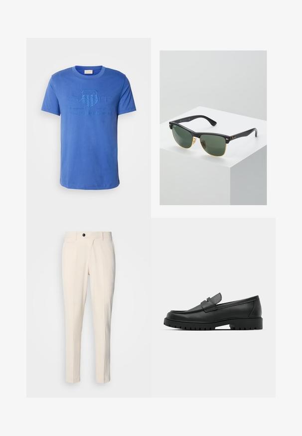 Mėlyna medvilninė marškinėliai su apvaliu kaklu. Centre yra išspaustas logotipas, kuriame rašoma "GANT 1949 AMERICAN SPORTSWEAR." Trumpomis rankovėmis.; Bežinės pritaikytos kelnės su plokščiu priekiu, vienu mygtuku ir dviem įstrižomis šoninėmis kišenėmis. Lygus audinys, siauras kirpimas ir siaurėjančios kojos.; Juodi odiniai loaferiai su apvalia nosimi, su siuvinėtu dizainu, žemu platformos padu ir tekstūruotu, sukibimo raštu padu.; Ray-Ban saulės akinių žaliais objektyvais, juodais plastikiniais rėmeliais ir auksinėmis detalėmis ant kraštų. Kvadratinė forma su matinio paviršiaus apdaila.