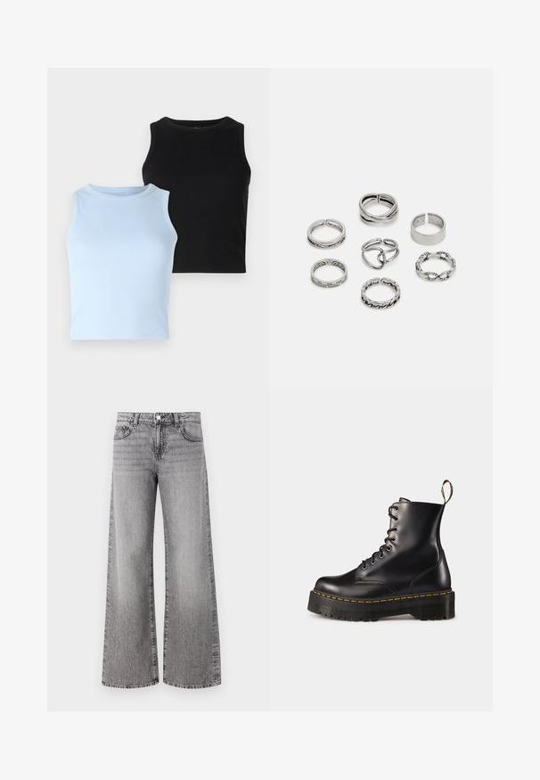 Duos bežinių marškinėlių: vieni šviesiai mėlyni, kiti juodi. Abu yra su raukinėta medžiaga ir apvaliu iškirpimu. Dizainas prisitaikantis, be matomų raštų ar akcentų.; Plati kojos džinsai iš pilkos džinsinio audinio su nudilusia apdaila. Yra klasikiniai kišenės ir mygtuko uždarymas ties juosmeniu.; Juodi odiniai auliniai batai su raišteliais, turintys masyvų juodą pado ir geltoną siūlą. Su nugarinėmis kilpomis ir apvaliais metaliniais akių laikikliais.; Septyni sidabriniai žiedai, nusprendti įvairiais dizainais, įskaitant susuktus, susietus ir raižytus raštus. Skirtingos formos ir pločiai.