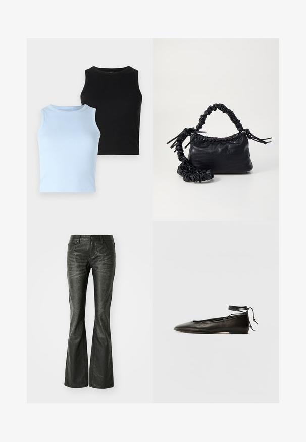 Două bluze fără mâneci: una albastră deschisă, cealaltă neagră. Ambele sunt dintr-un material cu textură ribbed și au decolteu rotund. Designul este ajustat, fără modele sau accente vizibile.; Jeans din piele ecologică negri, cu buzunare frontale, închidere cu buton metalic și o suprafață ușor texturată. Croială dreaptă cu tăiere lungă.; Balerini din piele neagră, cu vârf ascuțit, șnur pentru glezna și talpă plată, având o textură netedă și un design minimalist.; Geantă din faux leather neagră cu textură de crocodil, cu partea superioară strânsă și o curea mototolită. Pare moale și compactă ca design.