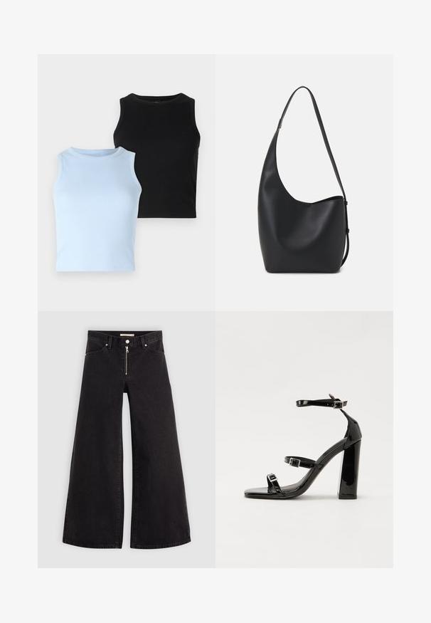 Dvoje bezrukávových topov: jeden svetlomodrý, druhý čierny. Obe sú z rebrovanej látky s okrúhlym výstrihom. Strih je priliehavý, bez viditeľných vzorov alebo akcentov.; Dlhé nohavice vo voľnom strihu z čierneho denimu so zipsom vpredu, päť vrecúškovým dizajnom a jemnými stehovými detailmi. Hladká textúra a neformálny štýl.; Čierne lakované sandále na podpätku so štvorcovou špičkou, navlečenými remienkami okolo členku a striebornými prackami. Disponujú masívnym blokovým podpätkom pre stabilitu.; Čierna kožená hobo taška so hladkou textúrou, zakriveným tvarom a jedným nastaviteľným popruhom; má široké otvorenie na vrchu.