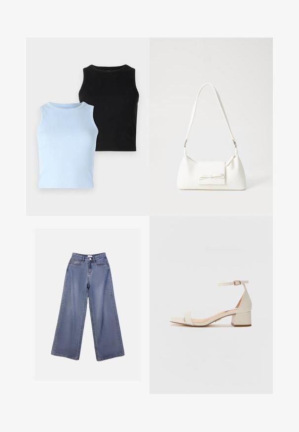Duas blusas sem mangas: uma azul clara e uma preta. Ambas são de tecido canelado com decote redondo. O design é justo, sem padrões ou detalhes visíveis.; Calças de ganga de perna larga numa lavagem azul clara, com uma cintura alta, bolsos frontais e fecho de botão com passadores para cinto.; Sandal de salto quadrado em bege. Apresenta uma fita fina no tornozelo com fivela, textura lisa semelhante a couro e uma altura de salto moderada.; Mala sintética branca com formato triangular, aba frontal plana e detalhe de laço, alça ajustável, textura suave e design minimalista.