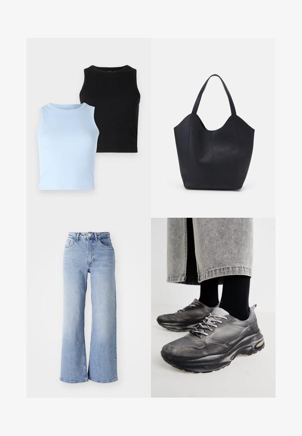 Dva bezrukavnika: jedan svijetlo plavi, jedan crni. Obojica su od rebrastog materijala s okruglim izrezom. Dizajn je prilagođen tijelu, bez vidljivih uzoraka ili naglasaka.; Svijetloplave traperice visokog struka širokih nogavica s prednjim i stražnjim džepovima, kopčanjem na gumbi i suptilnim izblijedjenjem na bedrima i rubovima.; Crne i sivo sportske cipele imaju mrežastu gornjište, debele potplate i vezice. Imaju zaobljen vrh i vidljive detalje s jastučićima.; Crna torba od glatke kože, s zakrivljenim otvorenim vrhom, dva remena za rame i minimalističkim dizajnom.