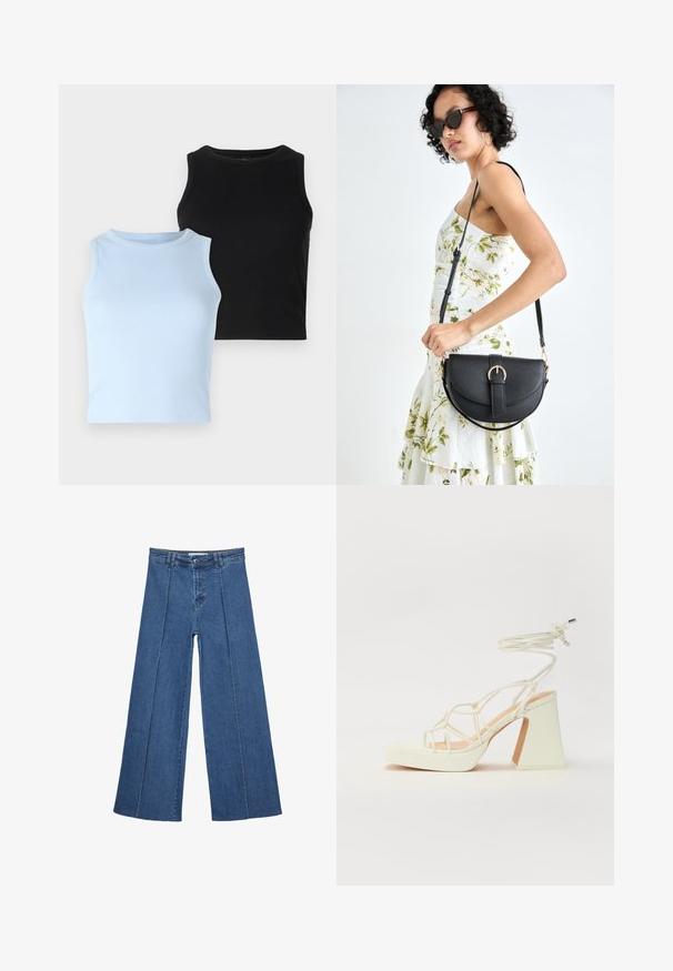 Dva bezrukavnika: jedan svijetlo plavi, jedan crni. Obojica su od rebrastog materijala s okruglim izrezom. Dizajn je prilagođen tijelu, bez vidljivih uzoraka ili naglasaka.; Široke traperice u srednje plavoj boji, s visokim strukom, zatvaranjem na dugme i kontrastnim vertikalnim šavovima duž prednje strane.; Bijela sandala na visokoj potpetici s debelim petom, s remenom i vezanjem oko gležnja. Glatka tekstura s platformom sprijeda za dodatnu visinu.; Crna kožna torba s lukovitim oblikom, odvojivim remenom i zlatnim detaljima. Torba ima preklop s kopčom.