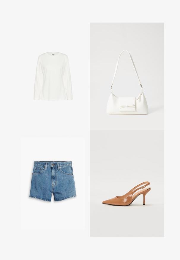 Langärmliges weißes T-Shirt aus weichem Baumwollmaterial. Es hat einen runden Halsauschnitt und eine lockere Passform, mit einem geraden Saum und ohne sichtbare Muster.; Hellblaue Denim-Shorts mit fünf Taschen, einem Reißverschluss und einem Knopfverschluss. Der Saum ist fransig und das Design bietet eine lässige Passform.; Spitz zulaufender Slingback-Absatz aus einem glatten, glänzenden, tanfarbenen Material. Mit einem geschwungenen Ausschnitt-Design und einem schlanken Stiletto-Absatz. Silberne Schnallendetails.; Weiße synthetische Handtasche in dreieckiger Form, flache Vorderklappe und Schleifendetail, verstellbarer Trageriemen, glatte Textur und minimalistisches Design.