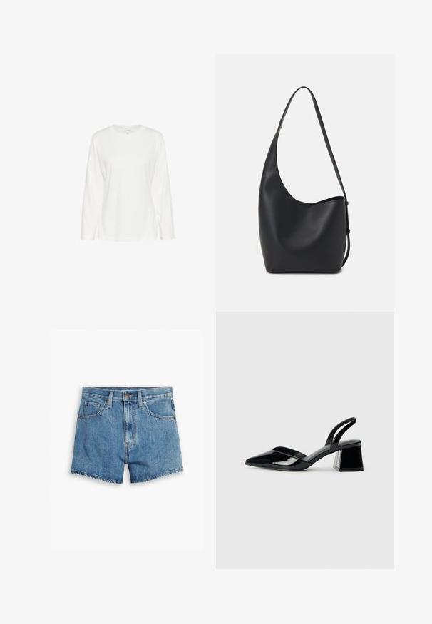 Dolga bela majica z dolgimi rokavi, izdelana iz mehkega bombaža. Ima okrogel izrez in sproščen kroj, s pravim robom in brez vidnih vzorcev.; Jeans kratke hlače v svetlo modri barvi, z povezavami za pet žepov, zadrgo in gumbom. Rob je razfrcan, oblikovane so v sproščenem kroju.; Črne lakirane slingback pete s koničastim nosom in geometrijsko blokasto peto. Imajo eleganten, minimalističen dizajn in gladko teksturo.; Črna usnjena hobo torba z gladko teksturo, ukrivljeno obliko in eno nastavljivo naramnico; ima širok odprtina na vrhu.
