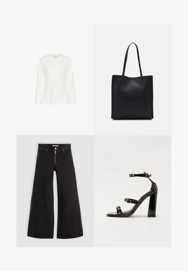 Ilgomis rankovėmis baltas marškinėliai, pagaminti iš švelnaus medvilnės. Turi apvalią iškirptę ir laisvą siluetą, tiesią apatinę dalį ir jokių matomų raštų.; Plačios kojų džinsai iš juodo džinsinio audinio su užtrauktuku priekyje, penkių kišenių dizainu ir subtiliais siuvinėjimo akcentais. Lygus paviršius ir laisvalaikio stilius.; Juoda blizgi lakuota basutė su kvadratiniu pirštu, kulkšnies dirželiais ir sidabro sagtimis. Yra tvirta blokinė kulno konstrukcija, užtikrinanti stabilumą.; Juodas odinis tote krepšys su lygia tekstūra, stačiakampio formos ir dviem ilgais rankenomis. Matomų metalinių detalių ar puošybos nėra.