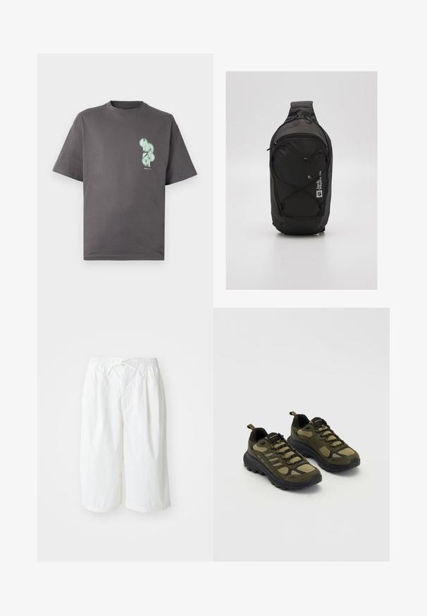 Siva bombažna majica s kratkimi rokavi in okroglo ovratnikom, ki ima na levem prsnem delu mint zeleno grafiko.; Bele hlače s elastičnim pasom in vrvico, prikazane na enobarvni svetli podlagi. Primerne za sproščeno ali toplo vreme.; Zelene in črne športne čevlje z teksturirano zgornjimi deli, mrežastimi paneli, trdnimi podplati in vezalnim dizajnom z ojačanimi prsti in peto.; Črn nahrbtnik s poenostavljenim dizajnom, izdelan iz trpežnega blaga. Ima žep z zadrgo, elastične naglavne detajle in logo.