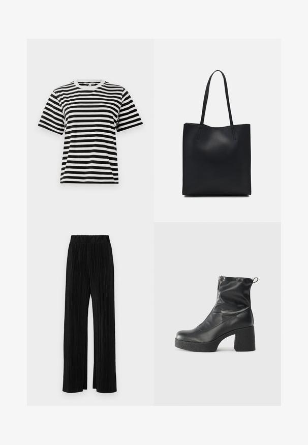 Black and white striped T-shirt made of cotton, featuring a crew neckline and short sleeves, with horizontal stripes of varying widths.; Black pleated trousers with an elastic waistband. Features wide legs and a smooth, textured fabric with vertical stripes.; Black ankle boots made of smooth leather, featuring a side zipper, chunky textured heel, and rounded toe design.; Black leather tote bag with smooth texture, rectangular shape, and two long handles. No visible hardware or embellishments.