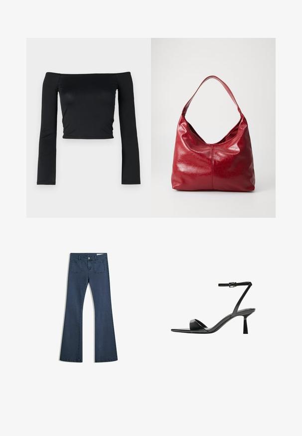 Top corto nero con maniche lunghe e aderenti e scollatura off-the-shoulder, realizzato in un tessuto morbido e liscio. Design semplice e aderente.; Jeans in denim blu scuro a fiala con tasche cucite, chiusura con bottone e una texture liscia. Presenta un classico design a cinque tasche.; Bershka Sandali con tacco - black; Borsa hobo in pelle rossa con una superficie morbida e strutturata, una sola tracolla e una forma arrotondata e morbida.