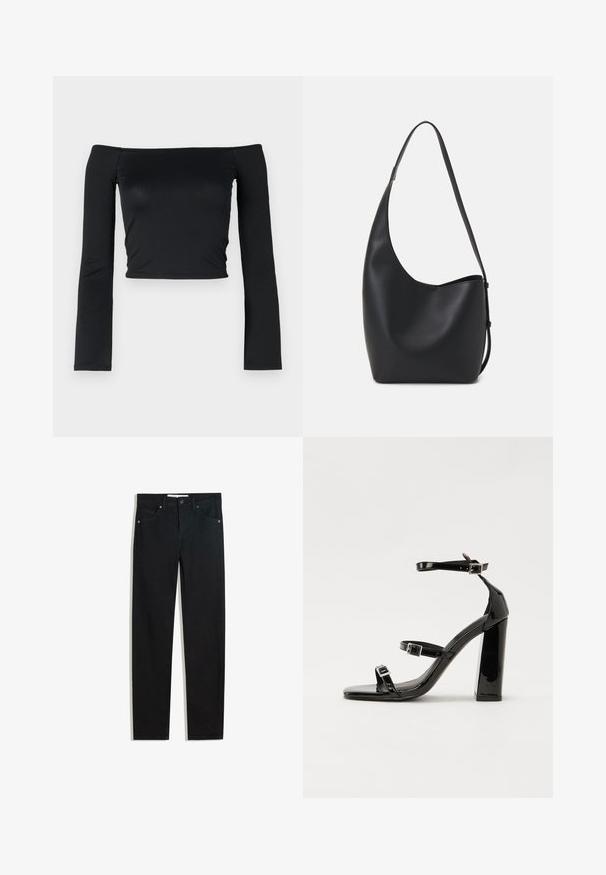 Zwarte cropped top met lange, aangesloten mouwen en een off-the-shoulder halslijn, gemaakt van zachte, gladde stof. Eenvoudig en aansluitend ontwerp.; Zwarte denimbroek met een recht silhouet, vijf zakken, metalen knoopsluiting en subtiele stikdetails. Gladde textuur.; Zwarte gepatenteerde sandalen met hak en een vierkante neus, enkelbandjes en zilveren gespen. Heeft een stevige blokhak voor stabiliteit.; Zwarte leren hobo tas met een gladde textuur, kromme vorm en een enkele verstelbare schouderband; heeft een brede opening aan de bovenkant.