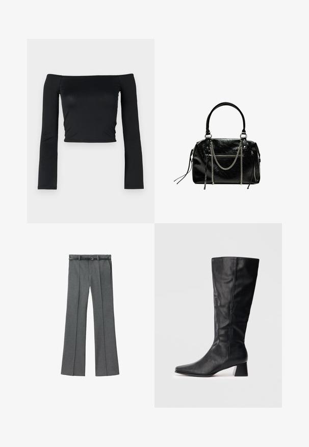 Črn skrajšan top z dolgimi, prilegajočimi se rokavi in off-the-shoulder izrezom, izdelan iz mehkega in gladkega materiala. Preprost in prilegajoč dizajn.; Sive prirejene hlače z ravno nogavico, lahkotna tkanina, zanke za pas ter ozkim pasom z zmanjšanim srebrom.; Črne usnjene škornje do meč s koničastim nosom in pravokotnim peto na enostavni svetli podlagi.; Bershka WITH CHAIN - Torbica - black