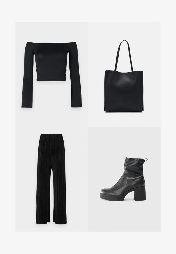 Must have mustriga lühike topp pikkade, sobivate varrukatega ja õlavarrelt avatud kaelusega, valmistatud pehmest ja siledast kangast. Lihtne ja keha lähedane disain.; Mustad pleekitud püksid elastse vöökohtaga. Omavad laiad jalad ja sujuvat, tekstureeritud kangast vertikaalsete triipudega.; Mustad mustad ansapüksid, mis on valmistatud siledast nahast, külje zipperiga, paksu tekstuuriga kontsaga ja ümmarguse nina disainiga.; Mustast nahast kott sujuva tekstuuriga, ristkülikukujuline ja kahe pika sangaga. Pole nähtavat riistvara ega kaunistusi.