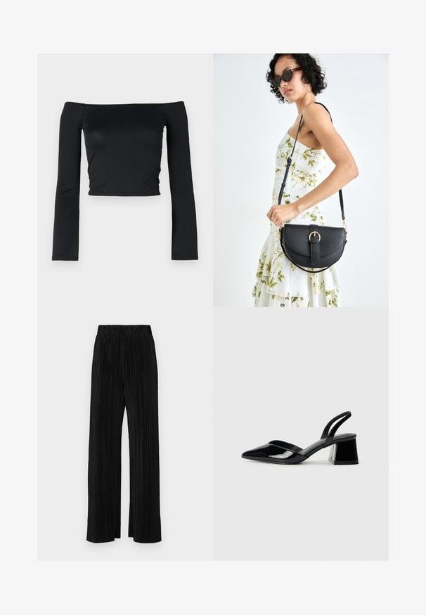 Black cropped top with long, fitted sleeves and an off-the-shoulder neckline, made from soft, smooth fabric. Simple and form-fitting design.; Black pleated trousers with an elastic waistband. Features wide legs and a smooth, textured fabric with vertical stripes.; Black patent leather slingback heels with a pointed toe and a geometric block heel. Features a sleek, minimal design and smooth texture.; Black leather handbag with a curved shape, detachable strap, and gold hardware. The bag features a flap with a buckle detail.