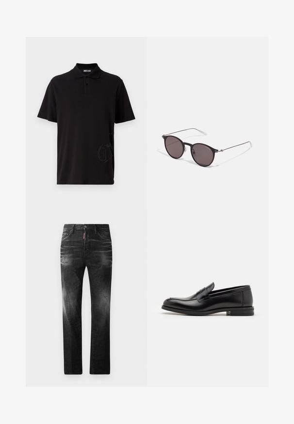 Musta polo-paita, joka on valmistettu puuvillasta, sisältää kaksinappisen kauluksen, lyhyet hihat ja tekstuurisen logodetaljin mustana vasemmassa alakulmassa.; Mustat denimfarkut suoralla istuvuudella. Ominaisuuksiin kuuluu haalistuneita alueita, pieniä kulumia, klassinen viiden taskun malli sekä nappisulku.; Mustat nahkakengät, joissa on sileä pinta, pyöreä kärki ja koristeellinen nauha jalkapöydän yli. Matala pinoitu koroke, minimalistinen muotoilu.; Musta pyöreä aurinkolasit tummilla linsseillä ja kapeilla metallikehyksillä. Sisältää kirkkaat temppelet ja hopeiset yksityiskohdat saranassa. Minimalistinen muotoilu.