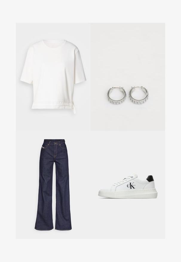 T-shirt blanc à manches courtes en tissu doux. Présente un col rond et un ourlet incurvé avec un détail de lien sur le côté en bas.; Jeans ample bleu foncé en denim avec taille haute, ornés de surpiqûres orange, d'un design à cinq poches et d'une fermeture à bouton.; Baskets basses blanches avec un tab de talon noir, semelle plateforme, lacets et logo "CK" de Calvin Klein sur le côté.; Boucles d'oreilles en argent en forme de créole avec un design texturé comportant des rayures verticales. Forme circulaire avec un fermoir à attache sécurisée. Fini lisse.