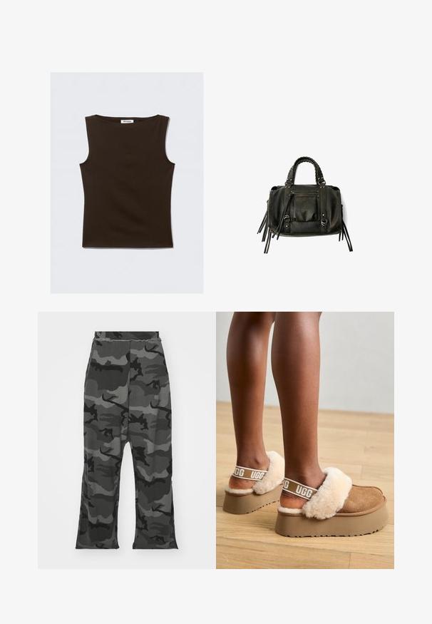 Top bej fără mâneci, realizat dintr-un material elastic. Prezintă un decolteu rotund și un design ajustat cu margini curate. Eticheta spune "WEEKDAY."; Pantaloni de trening cu camuflaj în nuanțe de negru și gri, cu talie elastică, croială lejeră și tăieturi ușoare la baza picioarelor.; Papuci cu platformă maro, cu o bandă căptușită cu blană și accenturi moi de blană bej. Prezintă un logo pe bandă și o talpă texturată.; Geantă din piele neagră, cu mânere împletite, buzunar cu fermoar și ciucuri suspendați. Suprafață texturată cu capse metalice și accente din metal.