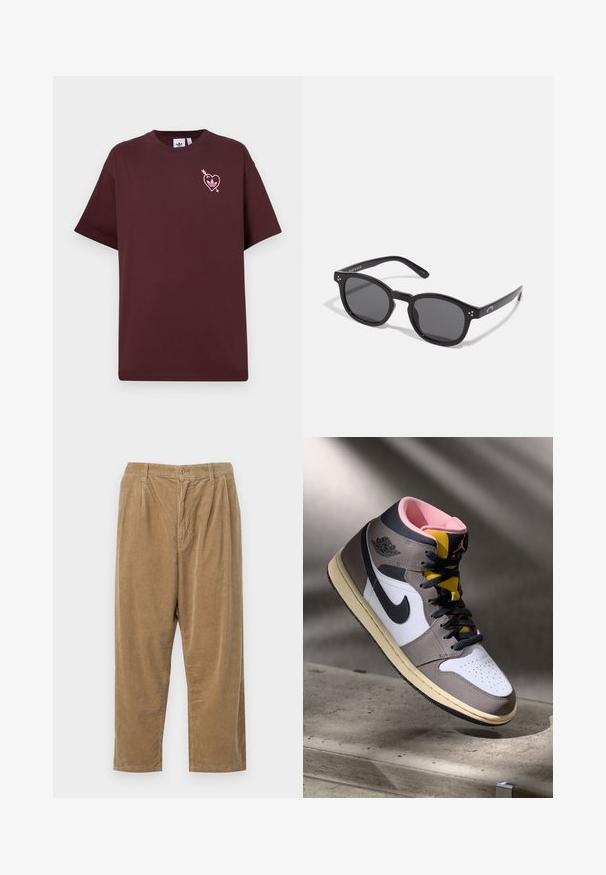 Burgunderfarbene Baumwoll-T-Shirt mit Rundhalsausschnitt und kurzen Ärmeln. Mit einem pinken Herzen und einem Pfeil im linken Brustbereich.; Cordhosen in einem hellbraunen Farbton mit einem strukturierten Rippmuster, ausgestattet mit einem Knopfverschluss und lockerer Passform.; Hohe Nike Air Jordan Sneaker in Weiß, Grau und Schwarz mit pinkem Innenfutter und gelber Zunge, auf einer Betontfläche platziert.; Schwarze ovale Sonnenbrillen mit dunklen Gläsern, dicken Rahmen und silbernen Punktekzenten an den Seiten. Glattes Plastikmaterial, zeitgemäßes Design.