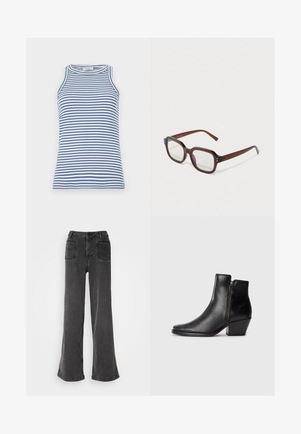 Ujjatlan felső kék és fehér csíkos mintázattal, bordás textúrával, kerek nyakkivágással, slim fit dizájnnal, sima felülettel és díszítések nélkül.; Magas derekú, bő szárú fekete farmernadrág, gombos cipzárral, övbújtatókkal és két hátsó zsebbel, amelyeket varrott díszítések díszítenek.; Fekete bőr bokacsizma hegyes orral, oldalsó cipzárral és vastag sarokkal. Sima felület és minimalista dizájn.; Barna, áttetsző, téglalap alakú szemüveg, tiszta lencsékkel, enyhe lila tükröződéssel, és apró arany díszítő pöttyökkel az elülső sarkokban.