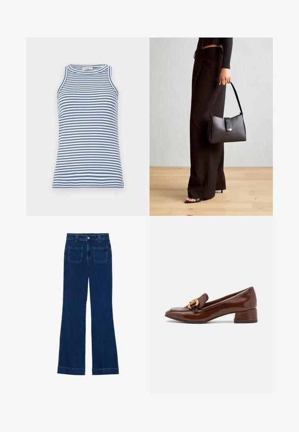 Ujjatlan felső kék és fehér csíkos mintázattal, bordás textúrával, kerek nyakkivágással, slim fit dizájnnal, sima felülettel és díszítések nélkül.; Sötét kék, sima textúrájú, bővülő farmernadrág, öt zsebbel és gombos derékkal.; Barna bőr loaferek fényes felülettel, dekoratív arany csattal az elején és alacsony blokk sarkával. Klasszikus dizájn.; Fekete kézi táska strukturált formával, sima textúrával és fémből készült záródással. Széles fekete nadrággal és nyitott orrú szandállal párosítva, fából készült padlón.