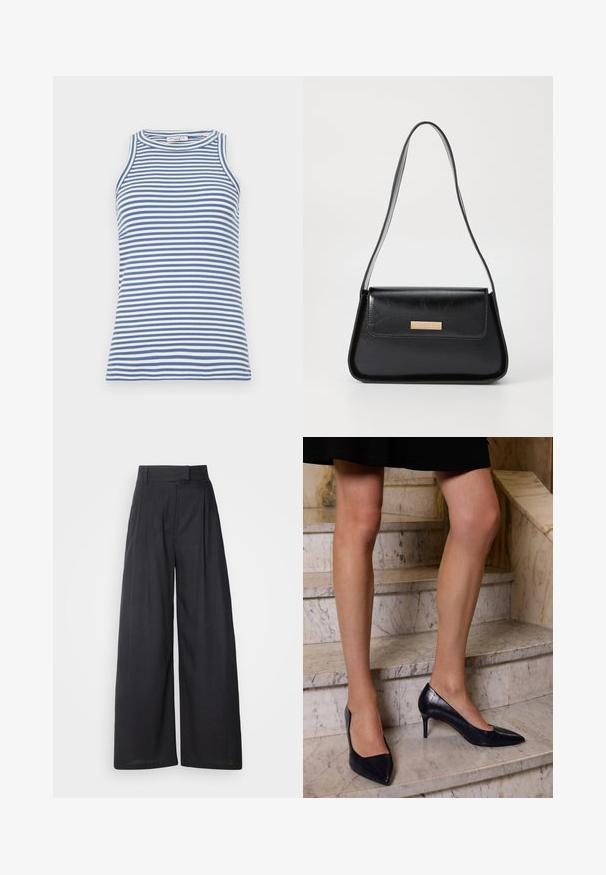 Mėlynos ir baltos juostelės rankovių neturintis viršus, su raštuota tekstūra, apvaliu iškirpimu, liekna forma, lygia apdaila ir be papildomų papuošimų.; Tamsūs, plačiai sėdintys kelnių su struktūrizuotu juosmeniu ir gyslomis. Pagaminti iš lengvos medžiagos, pasižyminčios glotnia tekstūra ir be matomų raštų.; Tamsiai mėlynos aukštakulnės bateliai su smailiu pirštu, turi sklandų ir tekstūruotą paviršių, primenantį krokodilų odą.; Juodas odinis rankinukas, turintis struktūrišką trikampį formą, siaurą dirželį ir auksinės spalvos detales, su logotipo plokšte ant priekinio užtrauktuko.