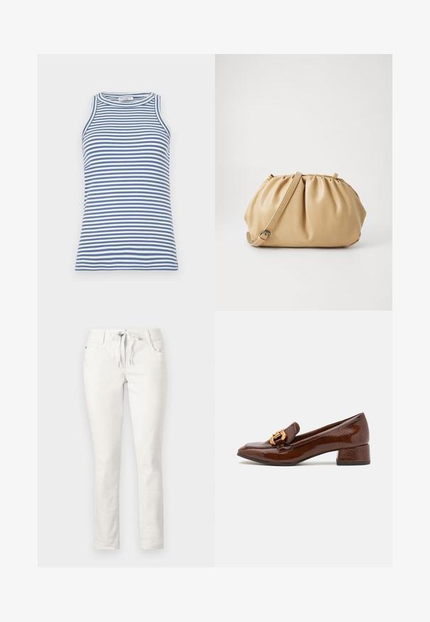 Sinise ja valgete triipudega ilma varrukateta särk, kareda tekstuuriga, ümar kaelus, liibuv disain, sile viimistlus ja ilma lisa detaile. ; Valged kitsad püksid, millel on paelaga vöökoht, ees taskud ja sile tekstuur. Sobivad igapäevaseks kandmiseks või lõõgastusolukordades.; Pruunid nahast loafersid läikiva viimistlusega, esiosal dekoratiivne kuldne pannal ja madal plokk konts. Klassikaline disain.; Kohvitooni nahkkott, millel on pleekitud disain, reguleeritav rihm ja ümar kuju. Minimalistlik bränding esipinnal.