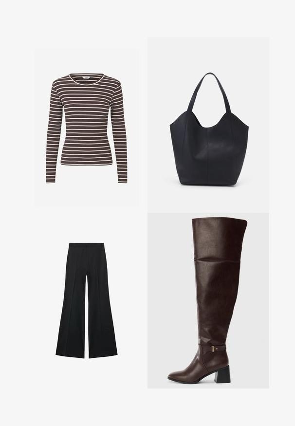 Dugi rukav prsluk uskog kroja s rebrastim uzorkom u smeđim i bijelim vodoravnim prugama te okruglim izrezom.; Crne široke hlače s glatkom teksturom, koje imaju prednje nabore i kroj po mjeri. Tkanina je lagana i lepršava.; Tamnosmeđi kožni čizmi do koljena s blok potpeticom i dekorativnim trakama sa strane, prikazane na jednostavnoj svijetloj pozadini.; Crna torba od glatke kože, s zakrivljenim otvorenim vrhom, dva remena za rame i minimalističkim dizajnom.