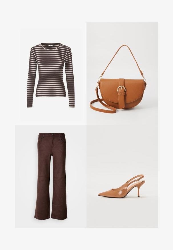 Enges, langärmliges, geripptes Oberteil mit braunen und weißen horizontalen Streifen und Rundhalsausschnitt.; Braune, ausgestellte Hosen aus einem weichen, samtartigen Stoff. Verfügt über vier Taschen, einen Knopfverschluss und eine glatte, strukturierte Oberfläche.; Spitz zulaufender Slingback-Absatz aus einem glatten, glänzenden, tanfarbenen Material. Mit einem geschwungenen Ausschnitt-Design und einem schlanken Stiletto-Absatz. Silberne Schnallendetails.; Braune Leder-Crossbody-Tasche mit geschwungener Form, goldfarbenen Beschlägen und einer Schnallenakzentuierung. Verfügt über einen abnehmbaren Schultergurt.