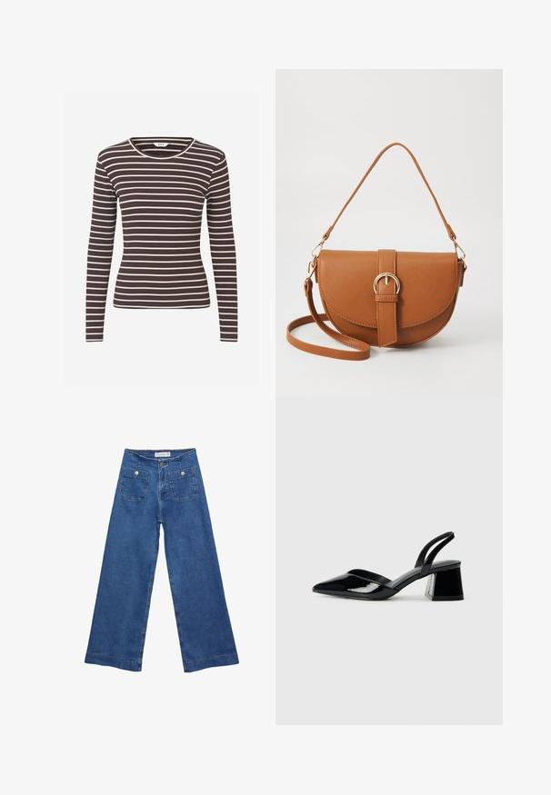Long-sleeve fitted ribbed top with brown and white horizontal stripes and a round neckline.; Denim wide-leg jeans with a medium blue wash, two front pockets with button closures, and stitched detailing along the hems.; Black patent leather slingback heels with a pointed toe and a geometric block heel. Features a sleek, minimal design and smooth texture.; Brown leather crossbody bag with a curved shape, gold hardware, and a buckle accent. Features a detachable shoulder strap.