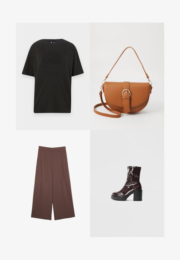 Crna pamučna majica s okruglim izrezom, kratkim rukavima i opuštenim krojem. Ima glatku teksturu i minimalistički dizajn.; Smeđe hlače širokog kroja s glatkom teksturom, koje imaju visok struk i nabore sprijeda. Tkanina je lagana i slobodno se kreće.; Sjajna burgundska čizma do gležnja s debelim crnim potplatom, koja se odlikuje glatkom teksturom i jednostavnim dizajnom. Nema vidljivih kopčanja ili uzoraka.; Smeđa kožna torba preko tijela s zakrivljenim oblikom, zlatnim metalnim detaljima i naglaskom na kopču. Ima odvojivu naramenicu.