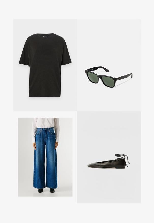 Fekete pamut póló kerek nyakkal, rövid ujjakkal és laza fazonnal. Simább textúrával és minimalista dizájnnal rendelkezik.; Kék, magas derekú, bő szárú farmernadrág, elől zsebekkel és gombos záródással. Simogató textúra, klasszikus mosással.; Fekete bőr balettcipők hegyes orral, bokakötővel és lapos talppal, sima textúrával és minimalista dizájnnal.; Fekete műanyag napszemüveg zöld lencsékkel, négyzet alakú kerettel, ezüst díszítéssel a keret felső részén, valamint texturált szárakkal. A márka neve a belső száron található.