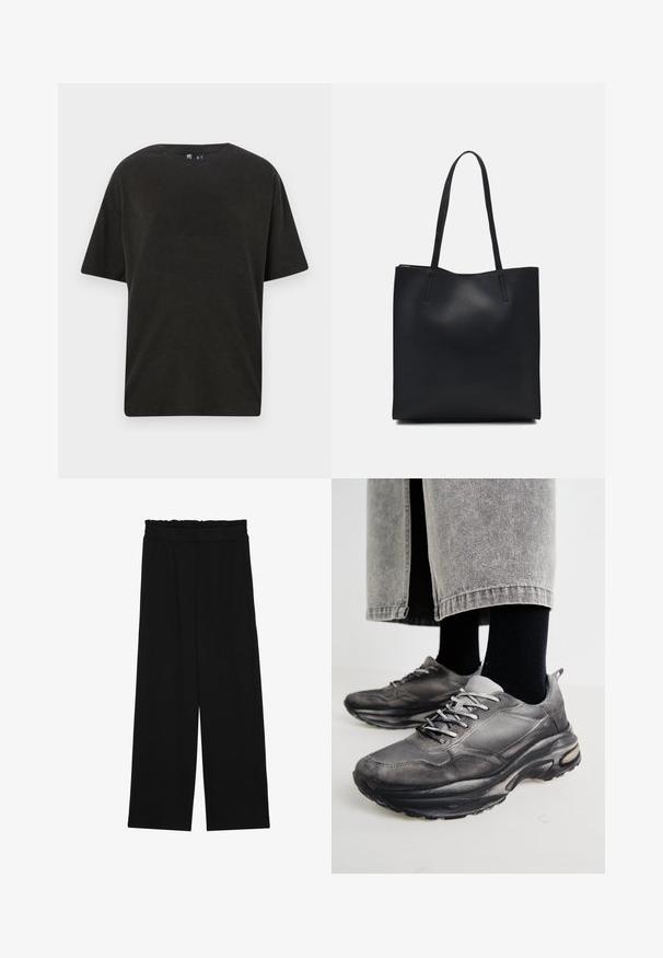 Svart bomull T-skjorte med rund hals, korte ermer og avslappet passform. Har en glatt tekstur og minimalistisk design.; Svarte vide bukser med rynket liv, med to sidelommer og et glatt, lett stoff. Ingen synlige mønstre eller metalldeler.; Sorte og grå treningssko har en mesh-overdel, tykke såler og snøring. De har en rund tå og synlige dempe detaljer.; Svart lær tote bag med glatt tekstur, rektangulær form og to lange håndtak. Ingen synlige deler eller dekorasjoner.