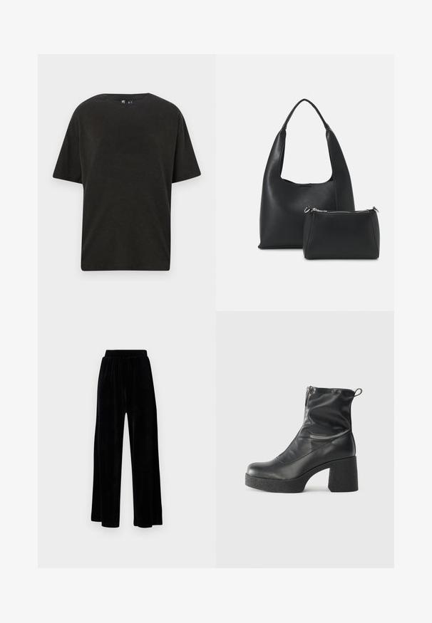 Juodas medvilninis marškinėliai su apvalia kaklo iškirpte, trumpomis rankovėmis ir laisvu siluetu. Pasižymi lygaus paviršiaus tekstūra ir minimalistišku dizainu.; Juoda plataus kirpimo kelnių pora, pagaminta iš minkštos velveto medžiagos, su elastingu juosmeniu ir glotnia tekstūra, be matomų detalių ar raštų.; Juodos kulkšninių botai, pagaminti iš lygaus odos, su šoniniu užtrauktuku, masyviu tekstūruotu kulnu ir apvaliu pirštu.; Even&Odd Rankinė - black