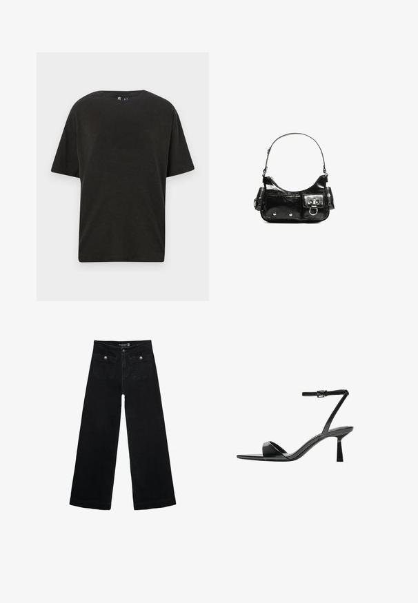 Czarna bawełniana koszulka z okrągłym dekoltem, krótkimi rękawami i luźnym krojem. Posiada gładką fakturę i minimalistyczny design.; Czarne, szerokie dżinsy z wysokim stanem, z dwoma przednimi kieszeniami i metalowymi guzikami. Tkanina ma gładką fakturę.; Bershka - Sandały na obcasie; Czarna torebka z lakierowanej skóry o zaokrąglonym kształcie, z jednym paskiem na ramię, przednimi kieszeniami i akcentami w kolorze srebrnym.