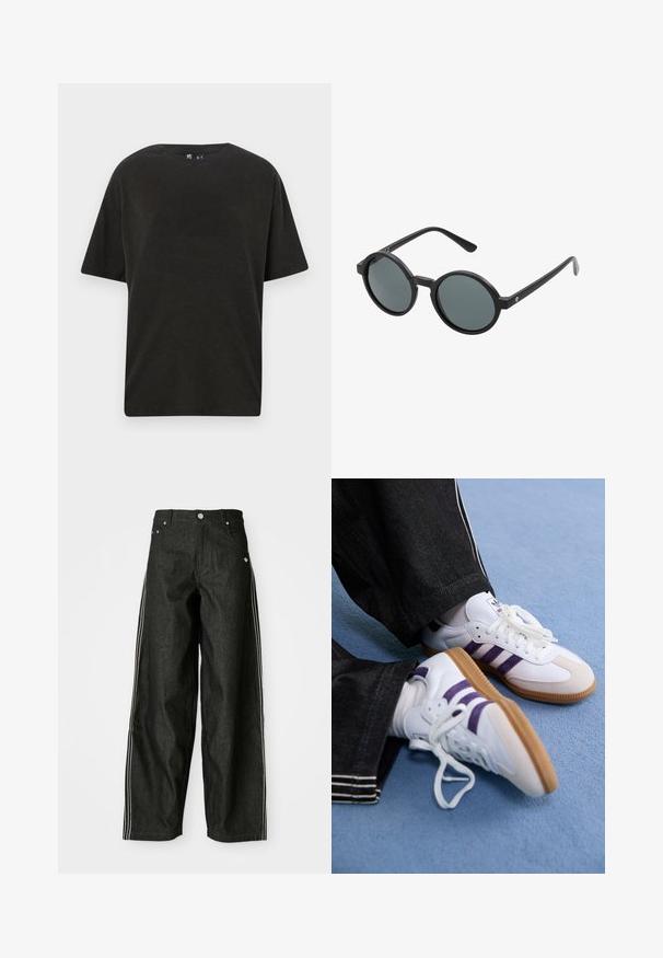 Camiseta de algodón negra con cuello redondo, mangas cortas y un corte relajado. Presenta una textura suave y un diseño minimalista.; Pantalones anchos de mezclilla negra con rayas laterales blancas, que cuentan con bolsillos delanteros, una bragueta con botones y un logo sutil cerca de la cintura.; Zapatillas deportivas blancas con rayas moradas y suelas de goma marrón, con cordones redondos y un cuello acolchado. Llevadas con pantalones de mezclilla oscuros.; Gafas de sol redondas con montura de plástico negro y lentes gris oscuro. Presentan varillas delgadas y rectas con acentos minimalistas.
