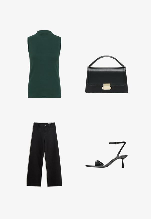 Top senza maniche a collo alto realizzato in tessuto a costine di colore verde scuro. Caratterizzato da un colletto alto, una texture liscia e un design aderente.; Pantaloni in denim neri a gamba larga con vita alta, dotati di tasche anteriori e posteriori, cuciture a punto, e chiusura con bottone. Texture liscia.; Bershka Sandali con tacco - black; Borsa a tracolla in pelle nera con design strutturato, manico superiore e dettaglio in metallo dorato sulla parte frontale. Texture liscia, cuciture minime.