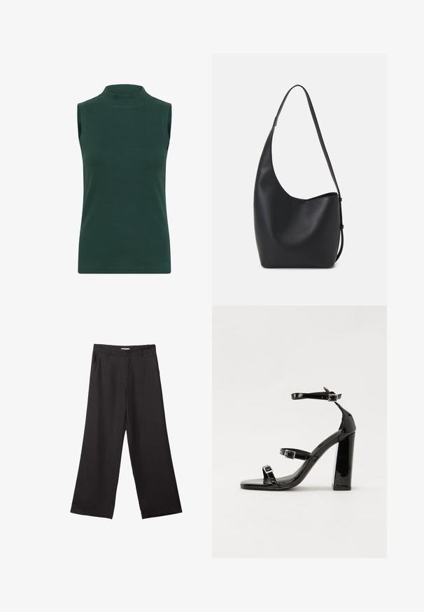Ærmeløs turtleneck-top i ribbet stof i mørkegrøn. Har en høj krave, glat tekstur og tætsiddende design.; Sorte bukser med vidde, lavet af glat stof, med en frontlynlås og to sidelommer, i en skræddersyet pasform og minimalistisk design.; Sorte patenterede hælsandaler med firkantet tå, ankelremme og sølvspænder. Har en chunky blokHæl for stabilitet.; Sort læder hobo taske med en glat overflade, buet form og en enkelt justerbar rem; har en bred åbning øverst.
