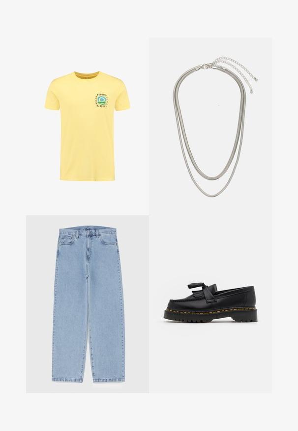 Shiwi Marškinėliai su spaudiniu - spring yellow; Šviesiai mėlyni džinsai su tiesiomis kojomis, turintys vidutinio aukščio juosmenį, penkias kišenes ir mygtuko bei užtrauktuko uždarymą.; Juodas odinis loaferis su kutais, turintis masyvų juodą pado ir geltonus siūlus palei kraštą. Textūruota danga.; Trijų sluoksnių sidabrinė metalinė apyrankė, kuri pasižymi stilingomis, lankstosiomis grandinėlėmis su švelniu blizgesiu, užsegama krabų užsegimu ir reguliuojama grandinė.