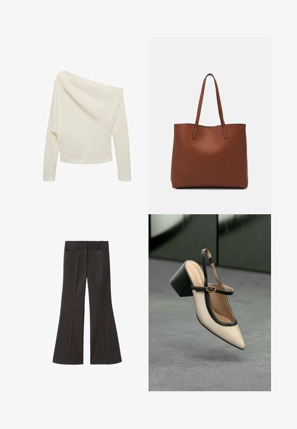Kremna dolga majica z dolgimi rokavi in dizajnom brez ramen, ki ima gladko, mehko tkanino in skrajšano silhueto.; Črne razširjene hlače z visokim pasom; vključujejo dva sprednja žepa in gladko teksturo tkanine. Primerne za različne priložnosti.; Bežna slingback čevlja z uskim sprednjim delom, črnimi detajli, zlatim zaponko in debelim blokovskim peto na sivi tleh s temno zeleno ozadje.; Rjava usnjena torba z gladko teksturo, odprto zasnovo zgoraj in dvema naramnima trakovoma. Opremljena je z minimalnim šivanjem in brez vidnih kovinskih delov.