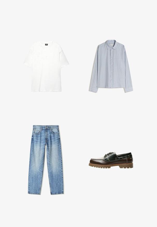 Bela prevelika majica iz mehkega, gladkega bombaža; ima kratke rokave, okroglo izreznico in čist, neopremljen dizajn.; Svetlo modra srajca z dolgimi rokavi, ozkimi navpičnimi rdečimi črtami. Ima polkrožni ovratnik in en sam žep na prsih. Iz bombažnega materiala.; Svetlo modri kavbojke z ohlapnim krojem, ravnim nogavicama, petimi žepi in zbledelim videzom. Imajo zadrgo in gumb na sprednji strani.; Rjave in zelene usnjene čolnarske čevlje s belim šivom, okroglicami in teksturirano gumijasto podplatko. Trajna izdelava z kovinskimi očesi.