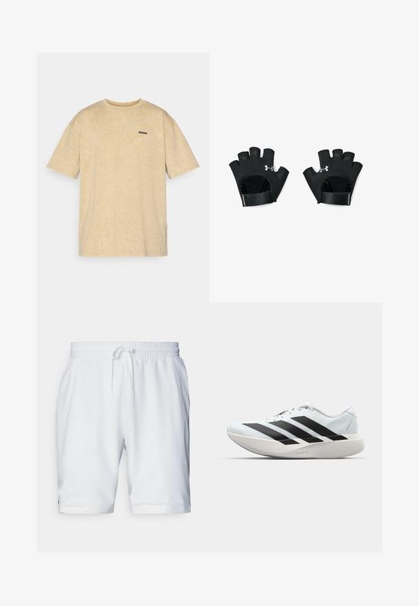 Beige oversized t-shirt med en blød tekstur, korte ærmer og en rund hals. Har et lille sort mærke på brystet med brandnavnet.; Hvide sportsshorts med elastisk talje og justerbar snor. Glat stof med en diskret tekstur, der har sidelommer.; Letvægtige løbesko i lys blå med sorte striber. Har en glat overdel, rund tå og tyk hvid mellemsål mærket "LIGHTSTRIKE PRO."; Sorte, fingerløse træningshandsker med justerbart håndledsrem. Har tekstureret greb og fremtrædende logo på bagsiden. Holdbart materiale.