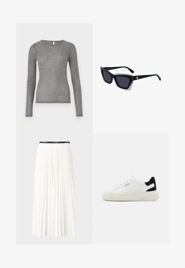 Samsøe Samsøe DOU - Ilgarankovis viršutinės dalies drabužis - grey; Pleated balta sijonas su juodu elastiniu juosmeniu, ant kurio yra "LACOSTE" logotipas. Vidutinio ilgio dizainas su švelnia tekstūra.; Baltos odinės sportbačiai su storu baltu padu, juodu nubuko kulno akcentu ir iškilmingu logotipu šone. Su raišteliais, turinčiais šešis akinius.; Juodos didelės saulės akinių su geometrine forma, turinčiais tamsius objektyvus ir kontrastingą pilką detalę ant rėmelio. Logotipas ant šalon.