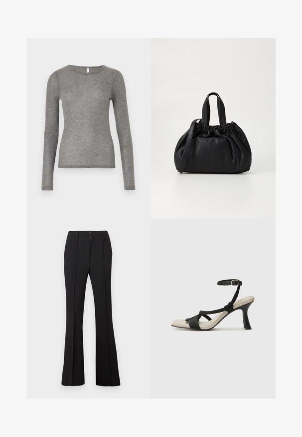 Samsøe Samsøe DOU - Pikkade varrukatega topp - grey; Mustad flared püksid, millel on kaks eesmist nööbi, sujuva ja tekstuuriga kanga ning vertikaalsed õmblused, mis annavad rõivale kohandatud ilme.; Mustad musta kontsaga sandaal, millel on punutud rihma disain, ruudukujuline varvas ja reguleeritav pahkluu rihm. Heleda beeži värvi jalapadi ja läikiv must konts.; Mustmust mustkott mustrihmaga ülaosa disainiga, millel on kaks lühikest käepidet ja pikk reguleeritav rihm. Sile tekstuur, ümar kuju.