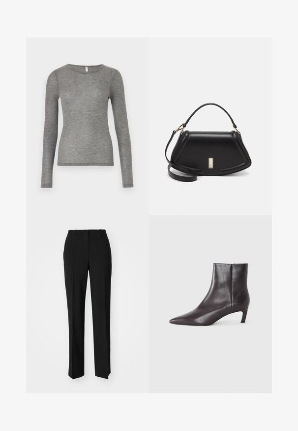 Samsøe Samsøe DOU - Topper langermet - grey; Sorte skreddersydde bukser med rett silhuett, med en glatt tekstur og klare pressede bretter foran. Ingen synlig maskinvare.; Svart lær ankelstøvlett med spiss tå og lav kitten hæl, jevn finish, glidelås på siden, vist på en nøytral bakgrunn.; Sort lærveske med en strukturert design, som har en avkortet form, topphåndtak og detaljer i gull. Justerbar skulderstropp inkludert.